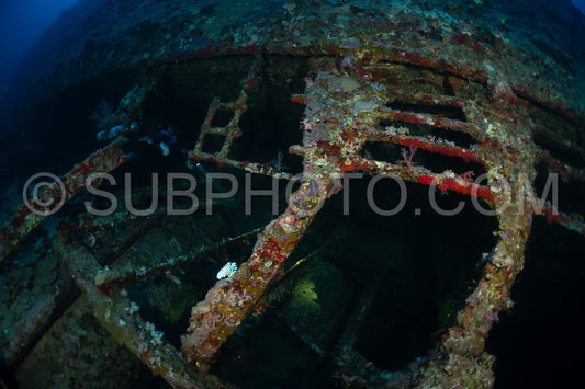 Tek diver with a rebreather visiting Levanzo wreck close to Sudan