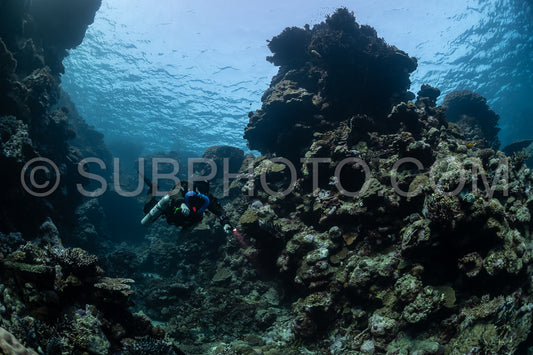 Tek diver using a rebreather discovering the majesty of coral structures in the Red Sea
