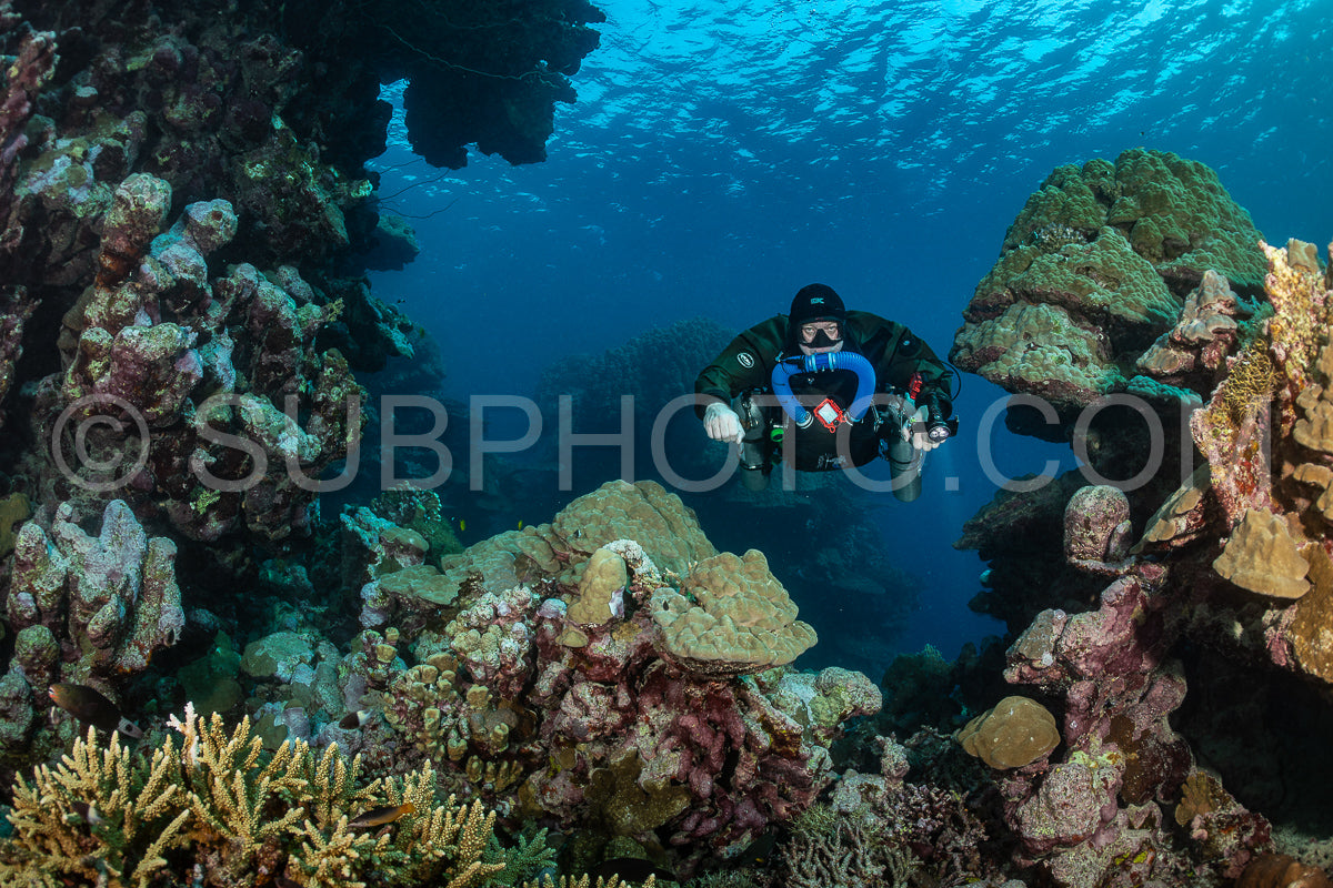 Tek diver using a rebreather discovering the majesty of coral structures in the Red Sea