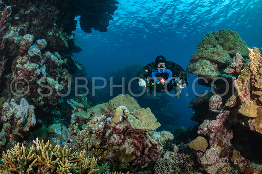 Tek diver using a rebreather discovering the majesty of coral structures in the Red Sea