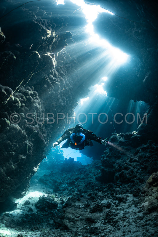 Tek diver with a rebreather visiting Gota Jeny's cave Red Sea Egypt
