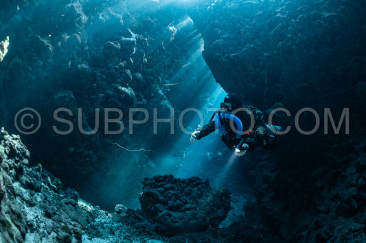 Tek diver with a rebreather visiting Gota Jeny's cave Red Sea Egypt