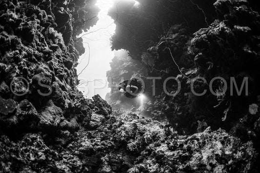 Tek diver using a rebreather discovering the majesty of coral structures in the Red Sea