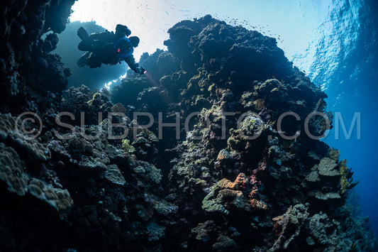 Tek diver using a rebreather discovering the majesty of coral structures in the Red Sea