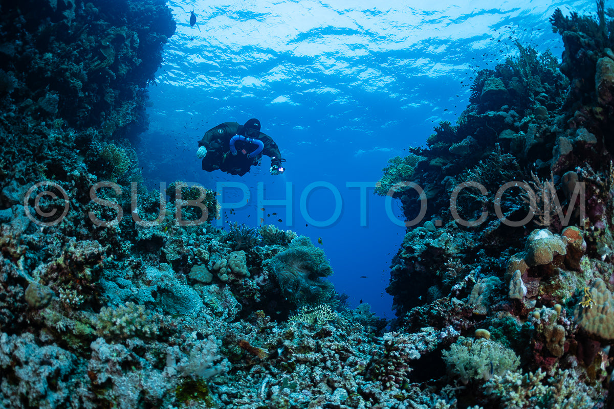Tek diver using a rebreather discovering the majesty of coral structures in the Red Sea