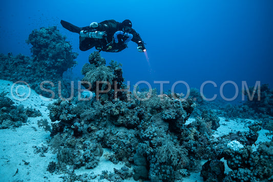 Tek diver using a rebreather discovering the majesty of coral structures in the Red Sea