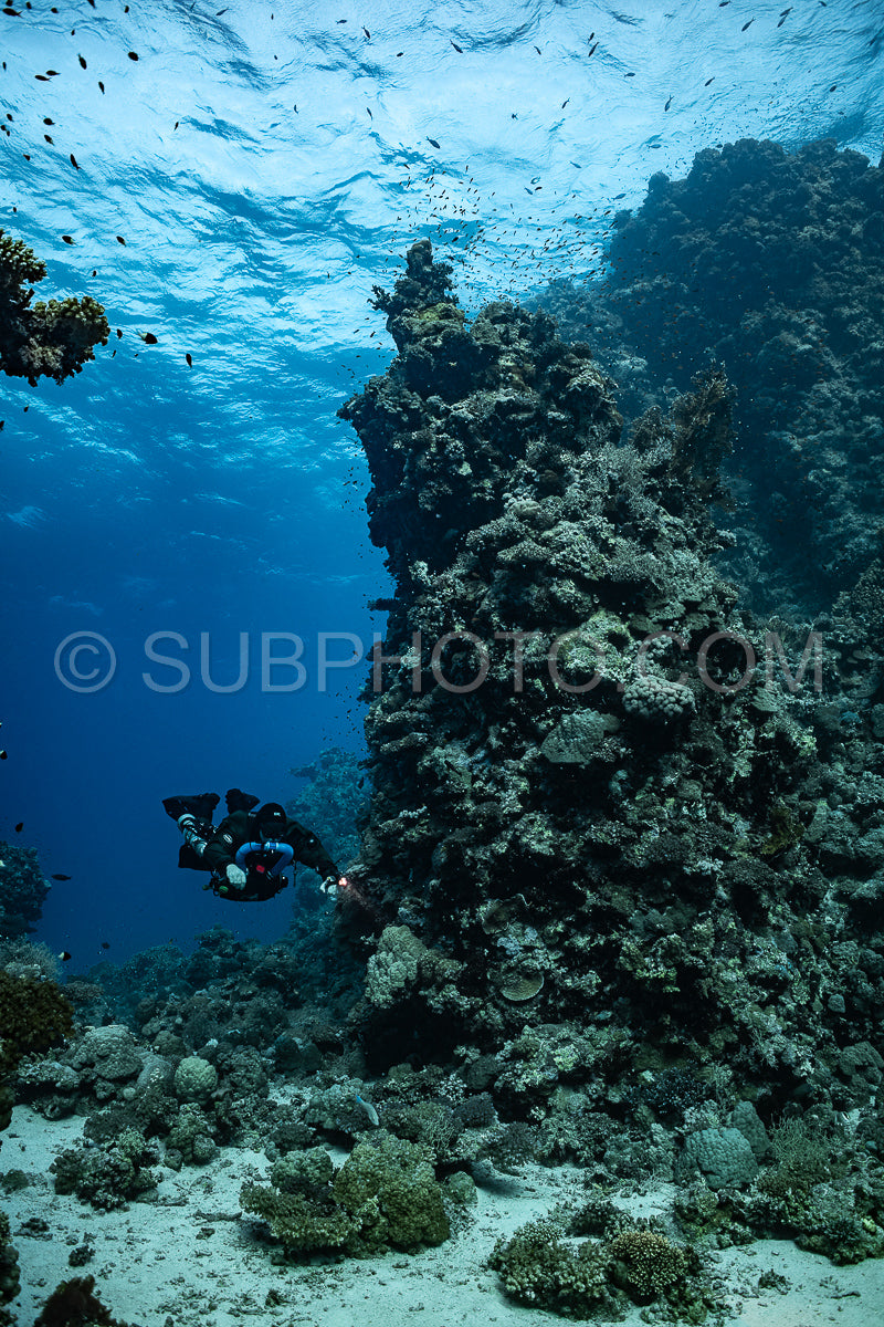 Tek diver using a rebreather discovering the majesty of coral structures in the Red Sea
