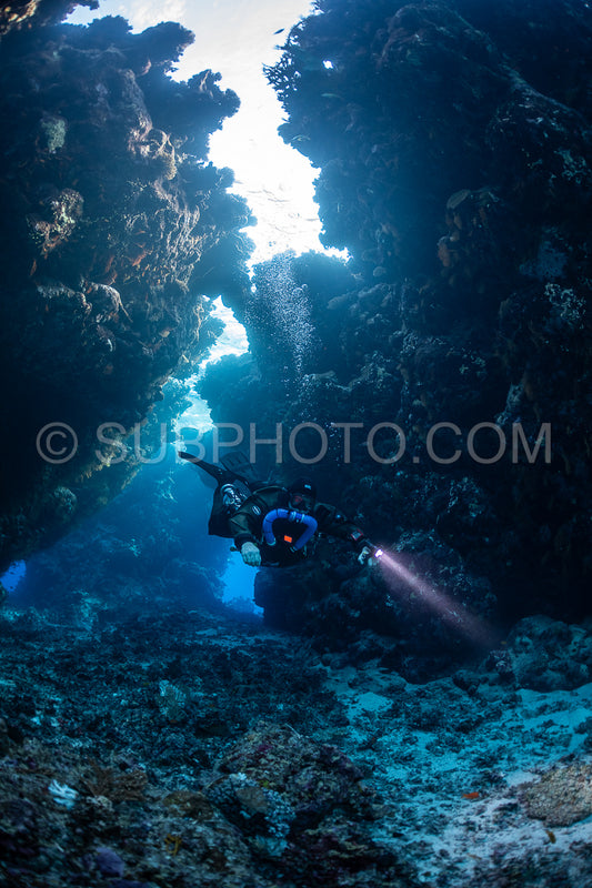Tek diver with a rebreather visiting Saint John's cave Red Sea Egypt