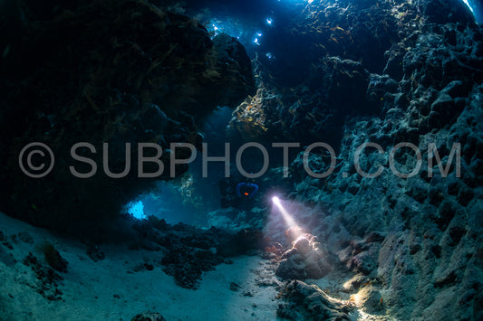 Tek diver with a rebreather visiting Saint John's cave Red Sea Egypt