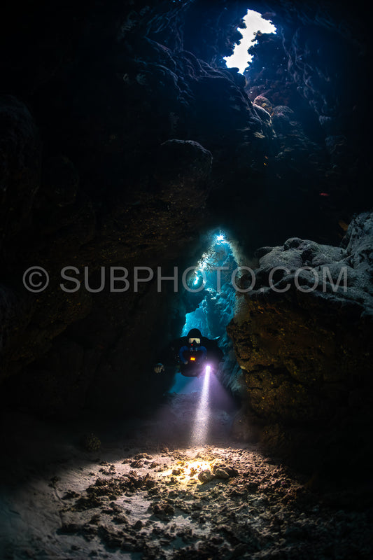 Tek diver with a rebreather visiting Saint John's cave Red Sea Egypt