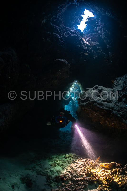 Tek diver with a rebreather visiting Saint John's cave Red Sea Egypt