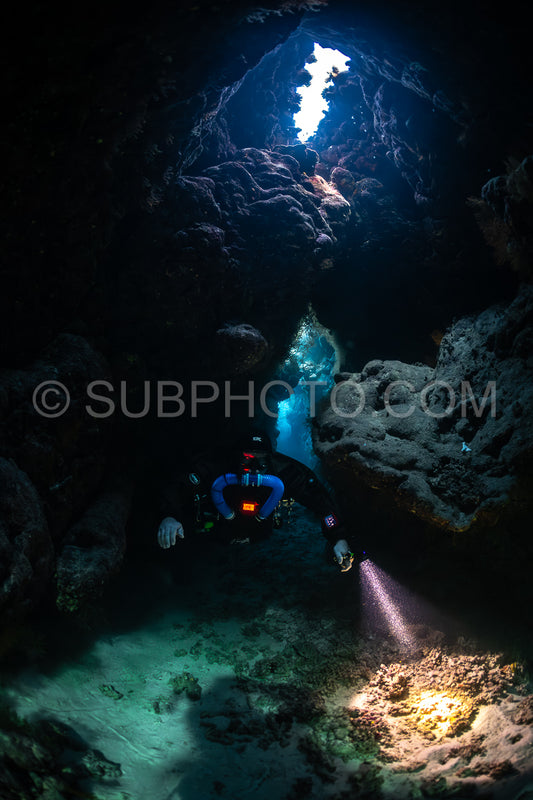 Tek diver with a rebreather visiting Saint John's cave Red Sea Egypt