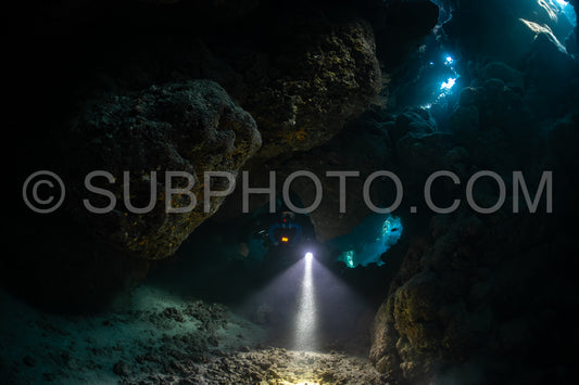 Tek diver with a rebreather visiting Saint John's cave Red Sea Egypt