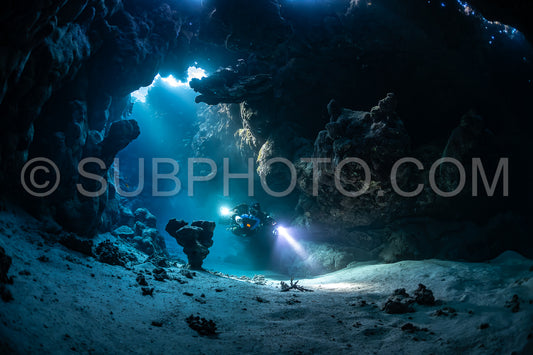 Tek diver with a rebreather visiting Saint John's cave Red Sea Egypt