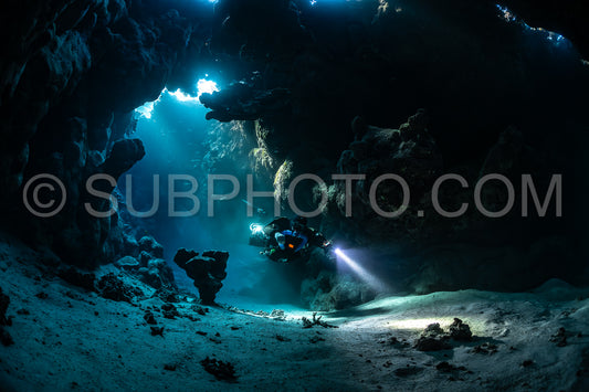 Tek diver with a rebreather visiting Saint John's cave Red Sea Egypt