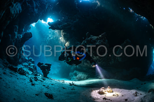 Tek diver with a rebreather visiting Saint John's cave Red Sea Egypt