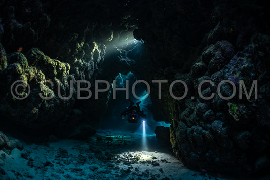 Tek diver with a rebreather visiting Saint John's cave Red Sea Egypt