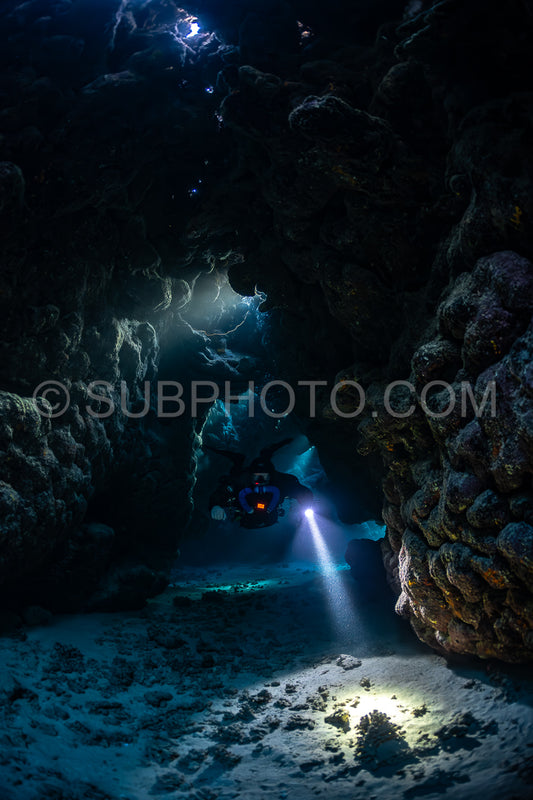Tek diver with a rebreather visiting Saint John's cave Red Sea Egypt