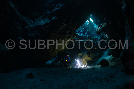 Tek diver with a rebreather visiting Saint John's cave Red Sea Egypt
