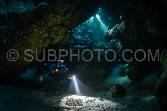 Tek diver with a rebreather visiting Saint John's cave Red Sea Egypt