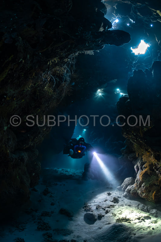 Tek diver with a rebreather visiting Saint John's cave Red Sea Egypt