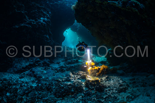 Tek diver with a rebreather visiting Saint John's cave Red Sea Egypt