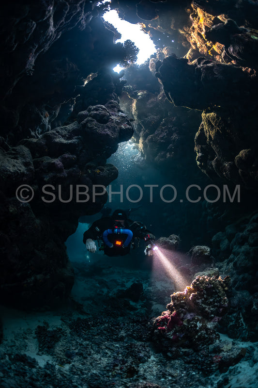 Tek diver with a rebreather visiting Saint John's cave Red Sea Egypt