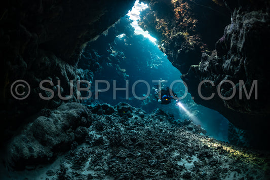 Tek diver with a rebreather visiting Saint John's cave Red Sea Egypt