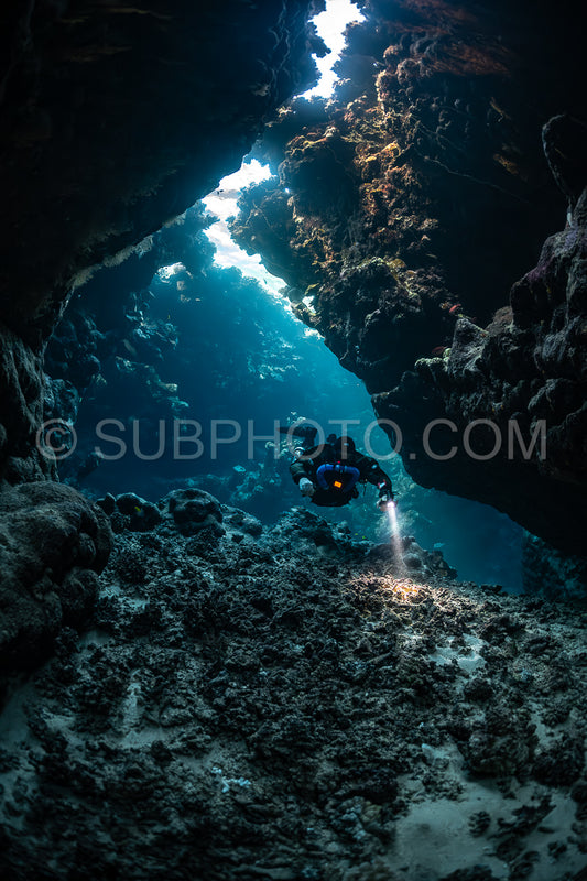 Tek diver with a rebreather visiting Saint John's cave Red Sea Egypt