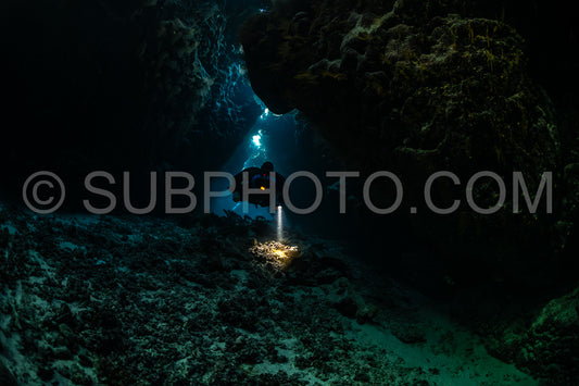 Tek diver with a rebreather visiting Saint John's cave Red Sea Egypt