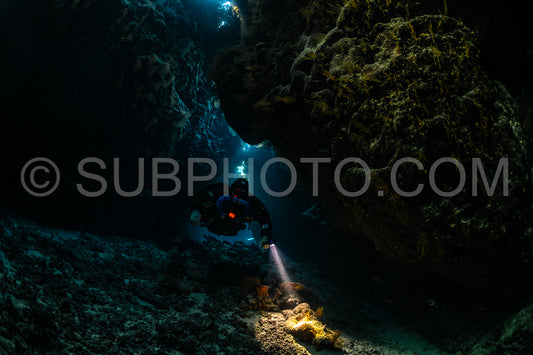 Tek diver with a rebreather visiting Saint John's cave Red Sea Egypt