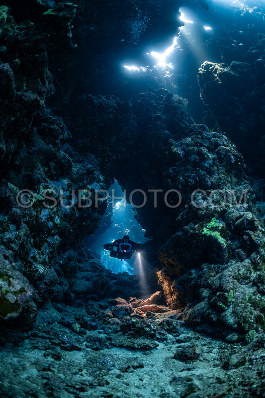 Tek diver with a rebreather visiting Sha'ab Claudio cave Red Sea Egypt