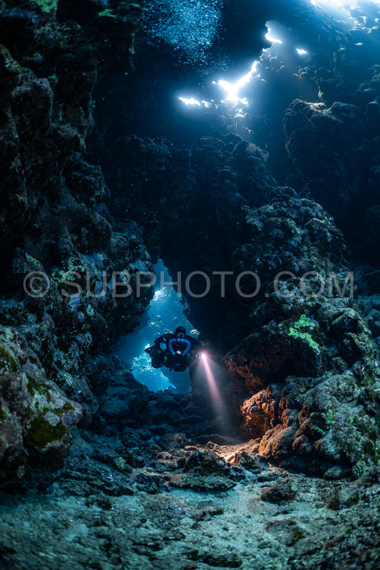 Tek diver with a rebreather visiting Sha'ab Claudio cave Red Sea Egypt