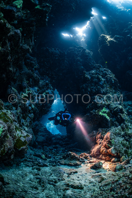 Tek diver with a rebreather visiting Sha'ab Claudio cave Red Sea Egypt