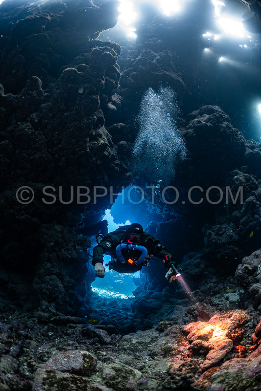 Tek diver with a rebreather visiting Sha'ab Claudio cave Red Sea Egypt