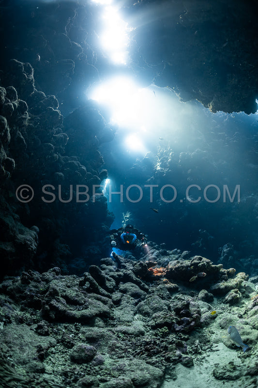 Tek diver with a rebreather visiting Sha'ab Claudio cave Red Sea Egypt