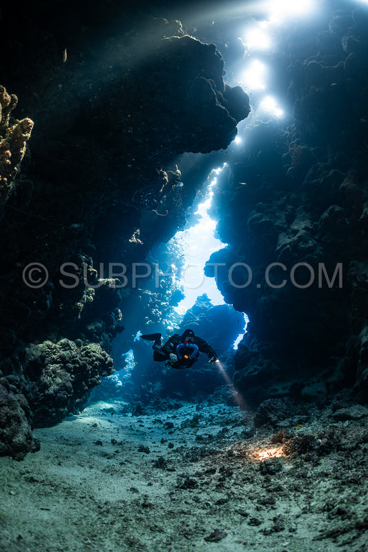 Tek diver with a rebreather visiting Sha'ab Claudio cave Red Sea Egypt
