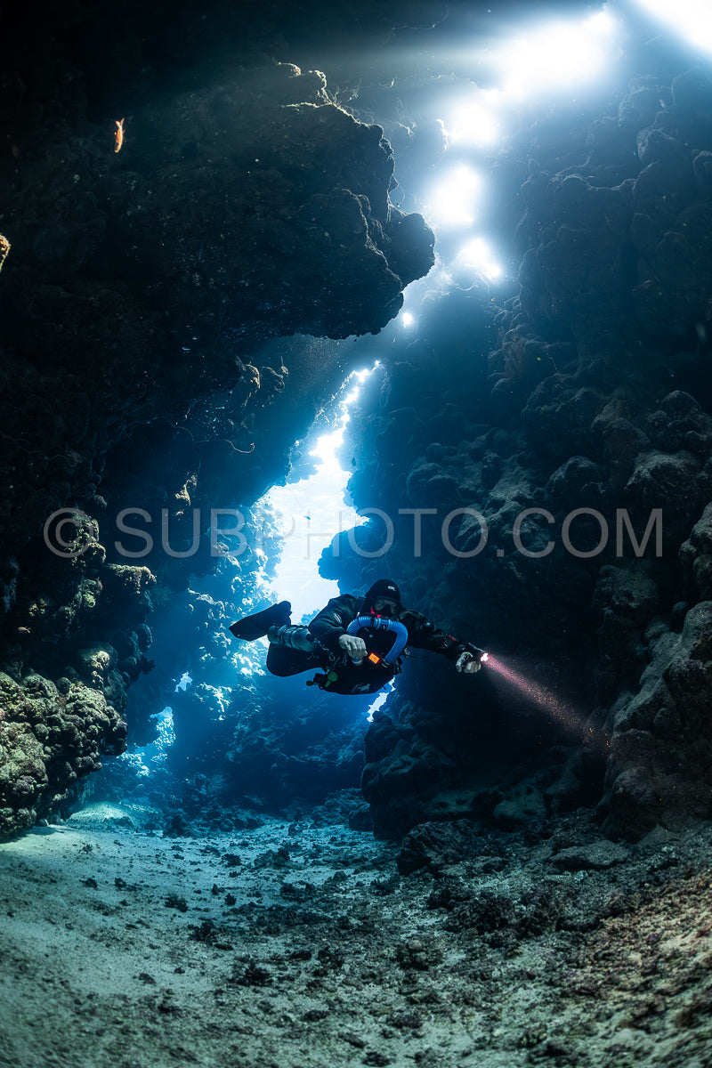 Tek diver with a rebreather visiting Sha'ab Claudio cave Red Sea Egypt