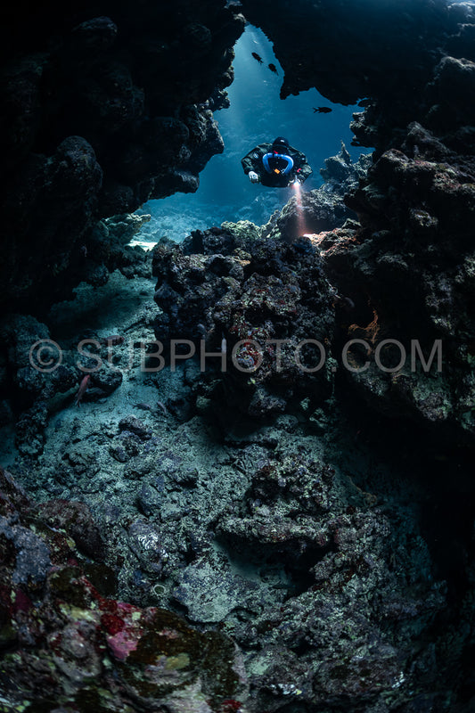 Tek diver with a rebreather visiting Sha'ab Claudio cave Red Sea Egypt