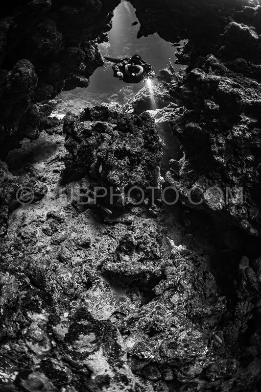 Tek diver with a rebreather visiting Sha'ab Claudio cave Red Sea Egypt
