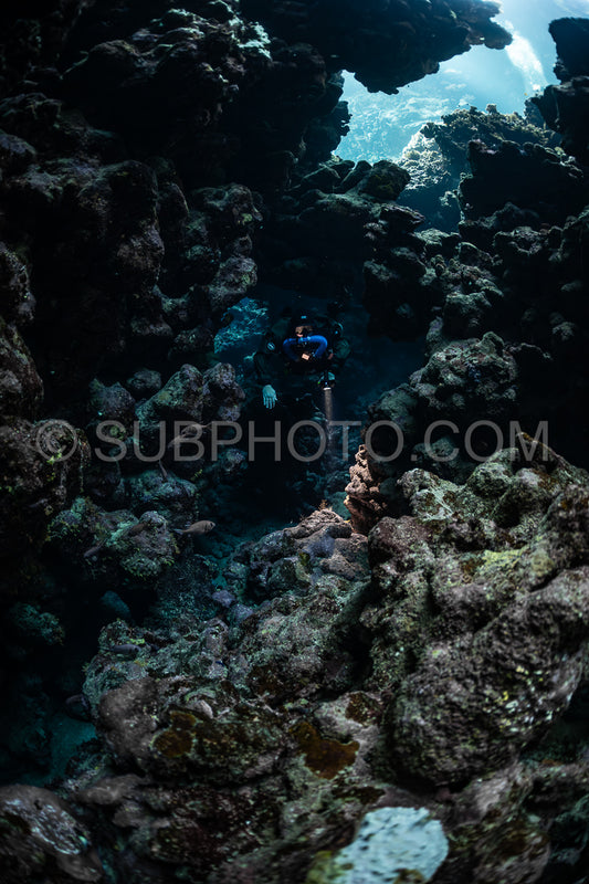 Tek diver with a rebreather visiting Sha'ab Claudio cave Red Sea Egypt