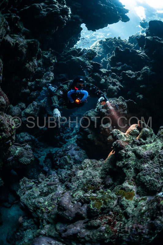 Tek diver with a rebreather visiting Sha'ab Claudio cave Red Sea Egypt