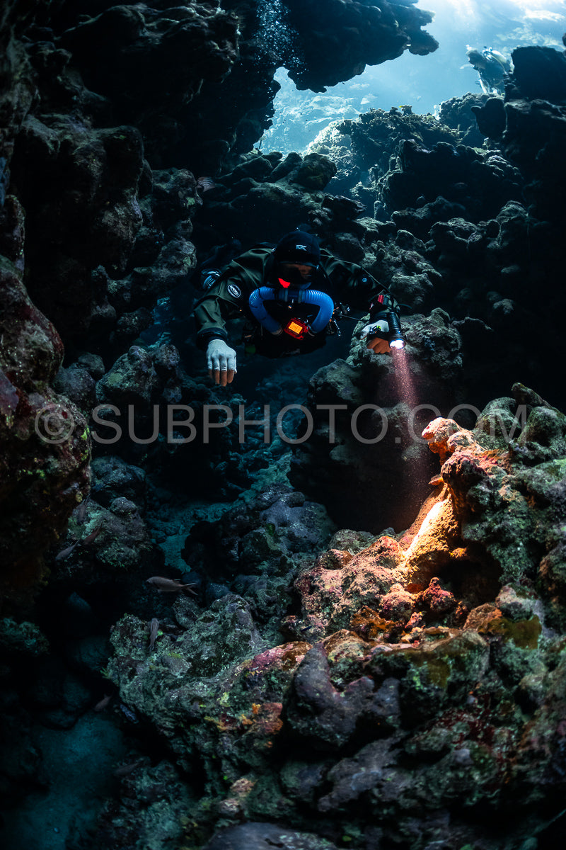 Tek diver with a rebreather visiting Sha'ab Claudio cave Red Sea Egypt