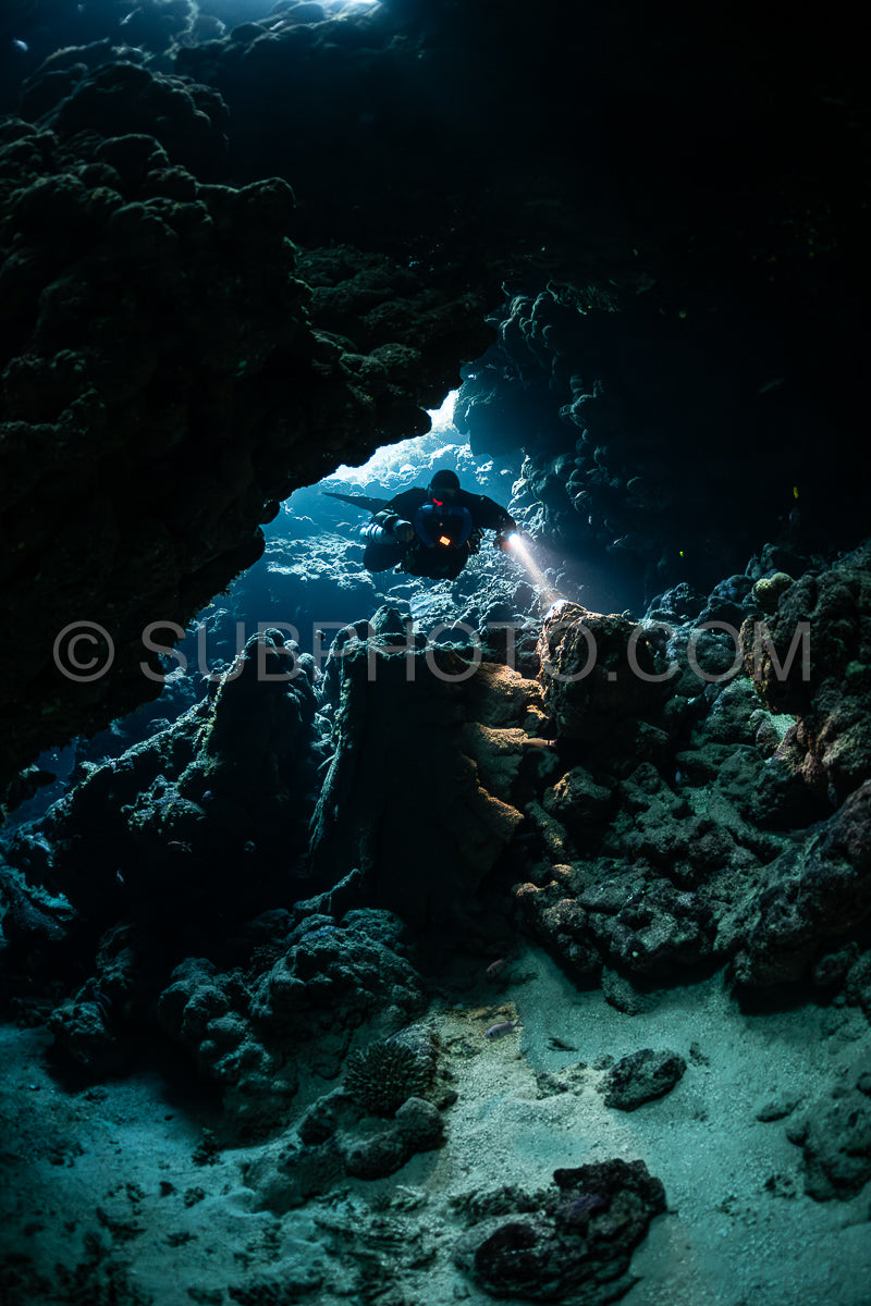 Tek diver with a rebreather visiting Sha'ab Claudio cave Red Sea Egypt