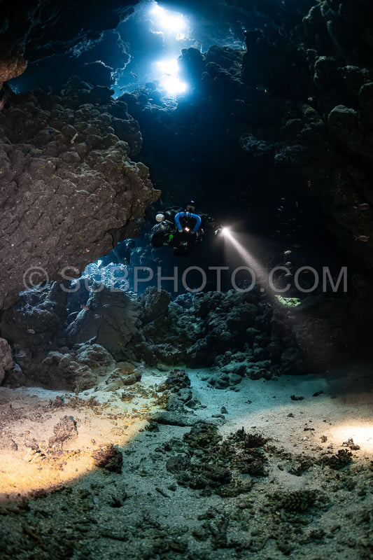 Tek diver with a rebreather visiting Sha'ab Claudio cave Red Sea Egypt
