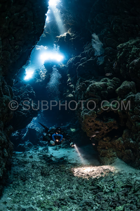 Tek diver with a rebreather visiting Sha'ab Claudio cave Red Sea Egypt