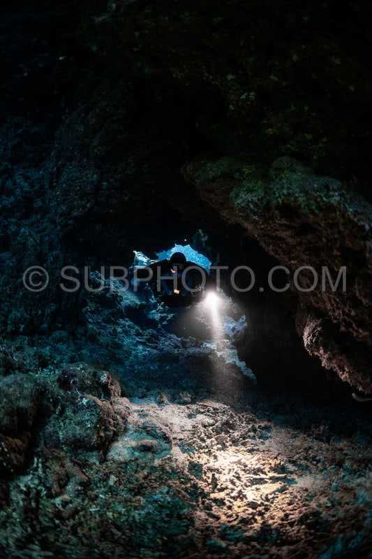 Tek diver with a rebreather visiting Sha'ab Claudio cave Red Sea Egypt