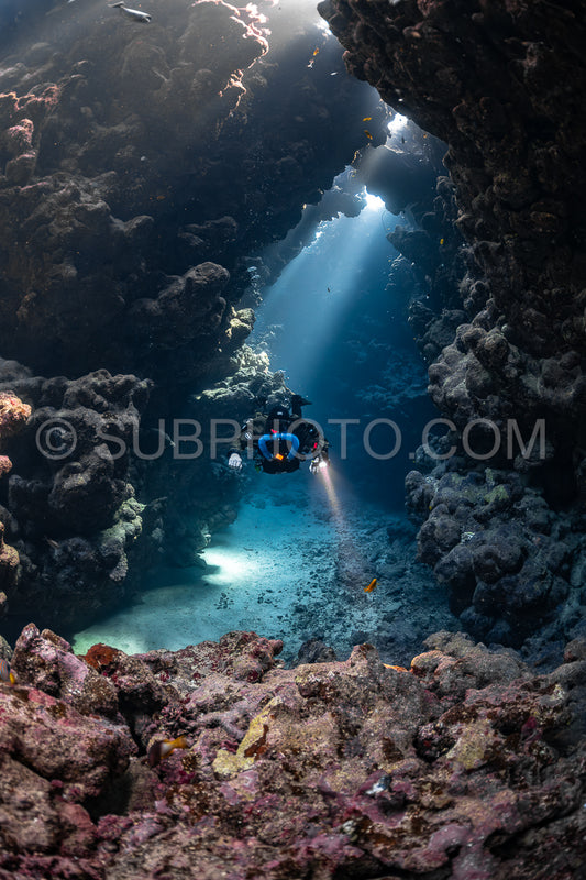 Tek diver with a rebreather visiting Sha'ab Claudio cave Red Sea Egypt