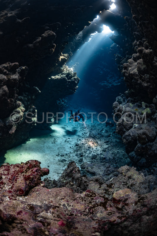 Tek diver with a rebreather visiting Sha'ab Claudio cave Red Sea Egypt