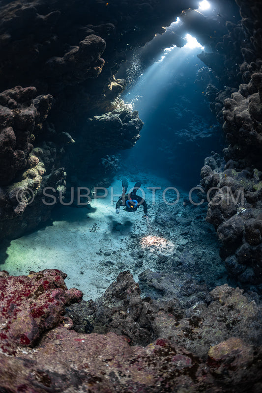 Tek diver with a rebreather visiting Sha'ab Claudio cave Red Sea Egypt